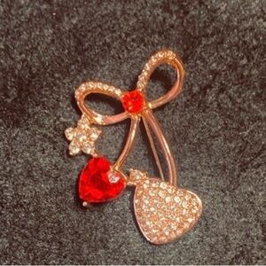 Simulated Ruby and Gold Heart Bow Brooch